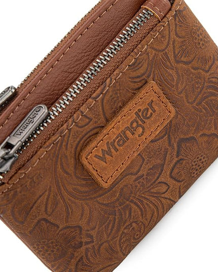 Montana West Wrangler Coin Purse for Women RFID-blocking Floral Embossed Change Pouch Wristlet Wallet Lightweight Portable Wallets Brown