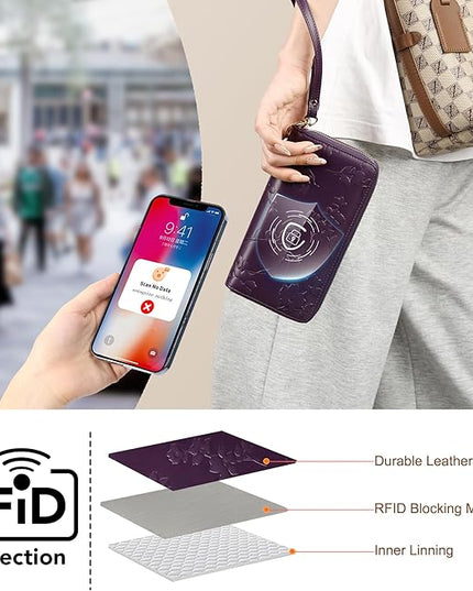 yiijay Womens Wallet RFID Blocking Large Capacity Leather Double Zip Wristlet Wallet Credit Card Phone Holder Ladies Clutch