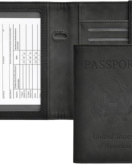 HerriaT Passport and Vaccine Card Holder Combo,Cover Case with CDC Vaccination Card Slot, Leather Travel Documents Organizer Protector, with RFID Blocking, for Women and Men