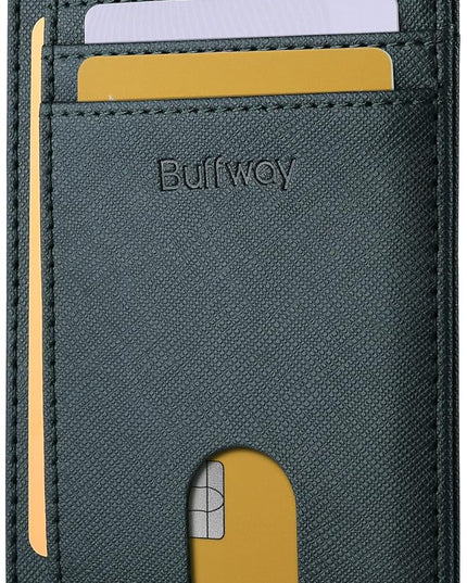 Buffway Slim Minimalist Front Pocket RFID Blocking Leather Wallets for Men and Women - Cross Blackish Green