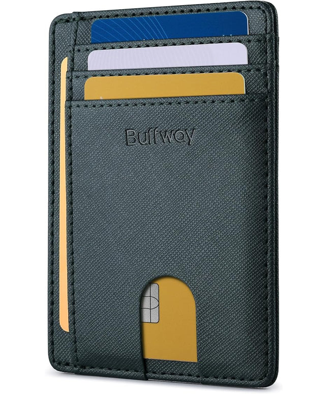 Buffway Slim Minimalist Front Pocket RFID Blocking Leather Wallets for Men and Women - Cross Blackish Green