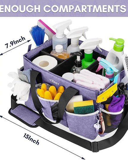 Ytonet Cleaning Caddy, Wearable Cleaning Supplies Organizer with 4 Foldable Dividers, Large Cleaning Caddy for Cleaning Supplies with Handle and Shoulder Straps, Cleaning Bags for Housekeepers, Purple