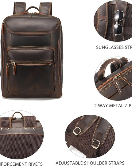 LANNSYNE Full Grain Leather Backpack For Men, 17" Laptop Backpack, Casual Outdoor Business Travel Rucksack, YKK Zippers
