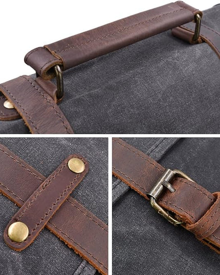 Mens Messenger Bag 15.6 Inch Waterproof Vintage Genuine Leather Waxed Canvas Briefcase Large Satchel Shoulder Bag Rugged Leather Computer Laptop Bag, Grey