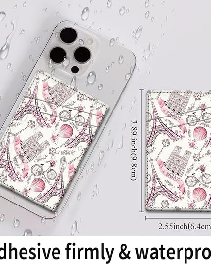 Phone Card Holder, Dual Pocket Leather Wallet Adhesive Stick On, Cute Credit Card Holder for Smartphones Case Compatible with Most Phone（Tower）