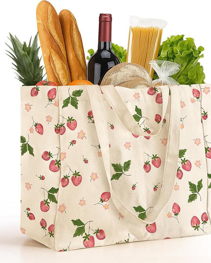 Large Canvas Grocery Tote Bag - Reusable Extra Large Shopping Shoulder Bags with 6 Inner Pockets & 2 Handle Strap