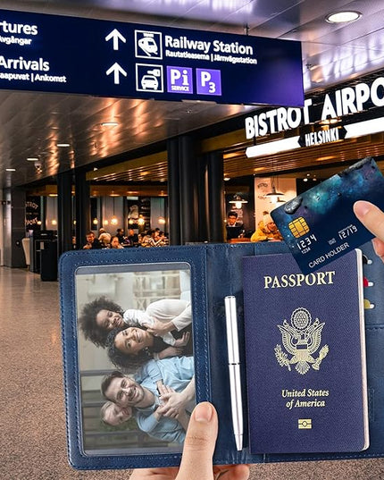 RSAquar Passport Holder for Women and Men, Premium PU Leather Travel Passport Wallet RFID Blocking Passport Cover Travel Documents Organizer with Pen Holder, Blue
