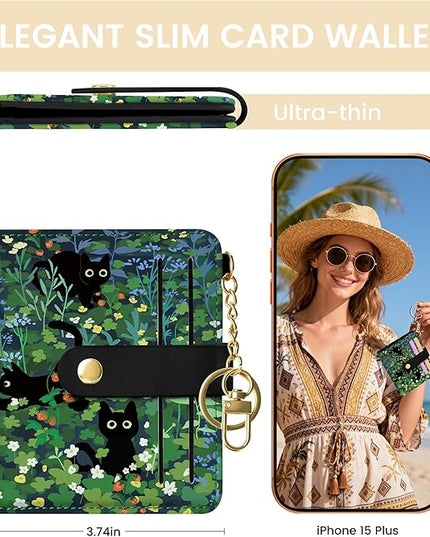Sodsay Small Slim Wallet Women RFID Blocking, PU Leather Bifold Ladies Wallet with Zipper Coin Pocket, Thin Cute Travel Card Wallets for Girls, Black Cat Whisker