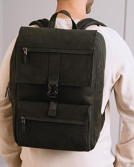 Leather Backpack for Men & Women, Classic Black - Handcrafted Top Grain Leather vintage backpack with 17-Inch Laptop Sleeve - Lightweight, Stylish & Durable for Business, Travel, Work & Everyday Use