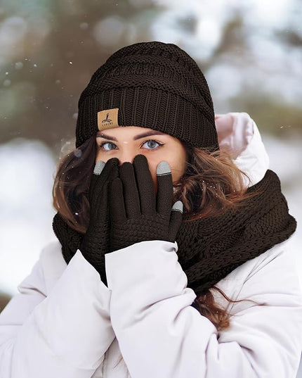 Winter Beanie Hat Scarf Gloves, Warm Fleece Knit Hats Touch Screen Gloves Neck Scarf Set Winter Gifts for Unisex Adult