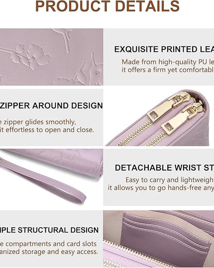 yiijay Womens Wallet RFID Blocking Large Capacity Leather Double Zip Wristlet Wallet Credit Card Phone Holder Ladies Clutch Purse Flora
