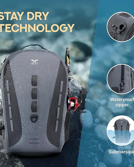 Xelfly Waterproof Fishing Backpack G2 with Rod Holder, Inflatable Air Valve, Padded Waist Straps & Gear Loops - Submersible Zipper, Rugged Top Handle, Adjustable Attachments (Gray)