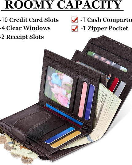 Airkit Small Wallet Women RFID Blocking Genuine Leather Bifold Compact Card Holder Wallet for Women with Zipper Coin Pocket 4 ID Window