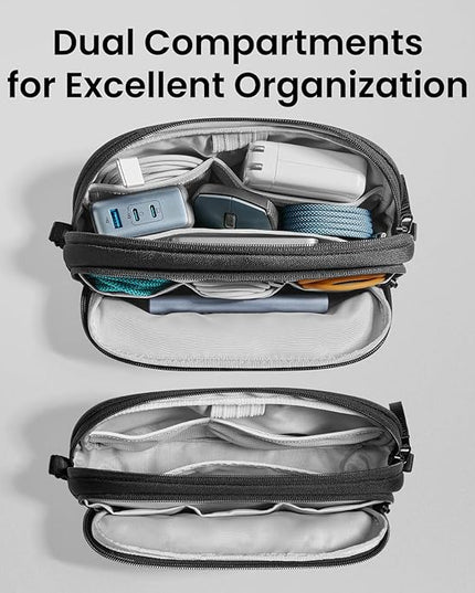 tomtoc Electronic Organizer Travel Case, Water Resistant Dual Compartment Tech Pouch Cable Organization Storage Bag for Charger, Cord, Phone, Hard Drive, Power Bank, Accessories Travel Essentials