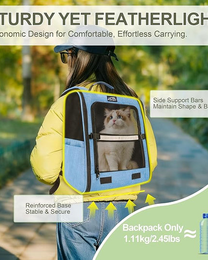 Cat Backpack Carrier with Ventilation Mesh and Safety Leash, Lightweight Dog Travel Backpack with Pockets, Reflective Strip, and Removable Mat,Hiking and Outdoor Use,Blue