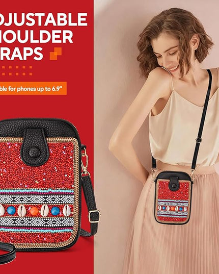 Women's Small Crossbody Cell Phone Bag, Boho Colorful Beaded Purse Wallet with Handmade Cute Patterns