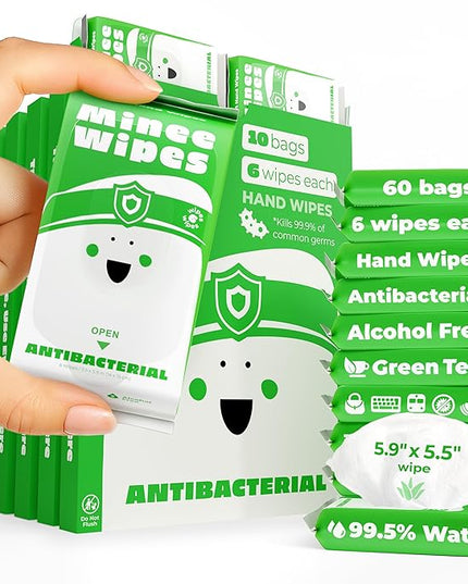 Impossibly Compact Travel Antibacterial Wipes Hand Sanitizer - 99.5% Water and Aloe - Safe for Sensitive Skin & Hypoallergenic Hand Wipes - Travel Essentials For Adults & Kids, 60 Pack Total 360 Wipe