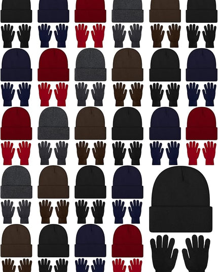 Suhine 200 Pieces Winter Beanies Gloves Sets Include 100 Warm Knitted Hats Bulk and 100 Gloves for Men Women Homeless