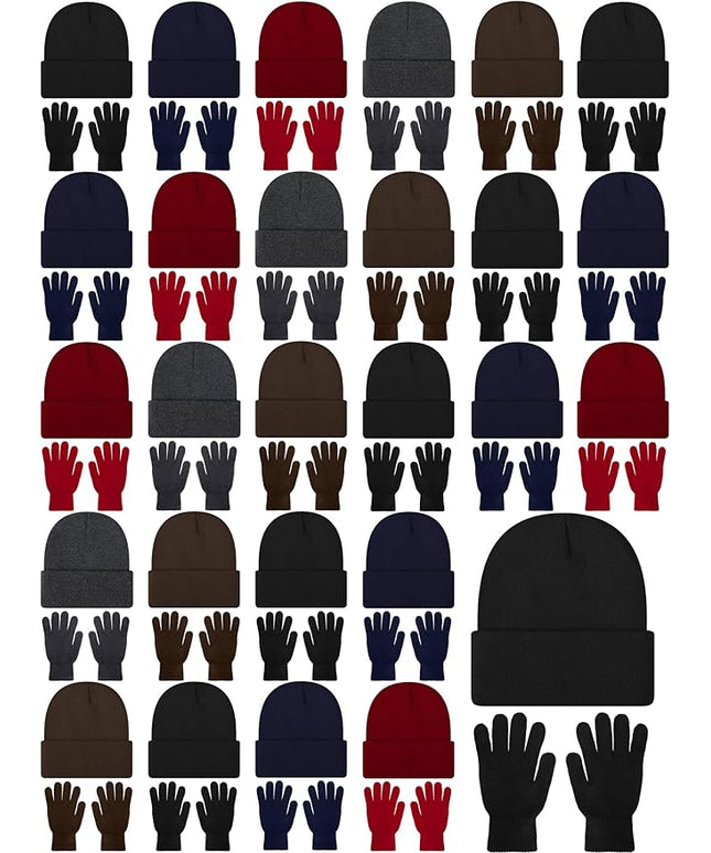 Suhine 200 Pieces Winter Beanies Gloves Sets Include 100 Warm Knitted Hats Bulk and 100 Gloves for Men Women Homeless