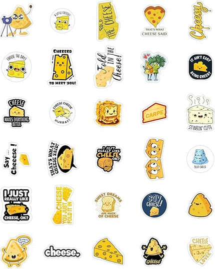 BulbaCraft Funny Cheese Stickers for Water Bottle and Laptop - Cheese Party Supplies & Decorations, Waterproof Vinyl Decals, Food Stickers, Gifts for Women & Men