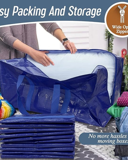 12 Pack Extra Heavy Duty Large Moving Bags with Strong Zipper & Comfortable Handles, Sturdy & Durable Clothes Storage Bags Totes Bins, Packing Moving Boxes for College Supplies, Blue