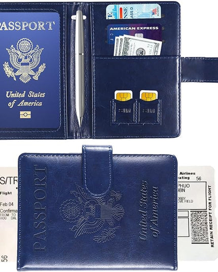 Sizobi Passport Holder for Travel,RFID Passport Cover Wallet for Women Men,Leather Passport Book Card Holder Case for International Travel Must Haves Accessories,Cruise Ship Essentials Gifts,Dark Blue