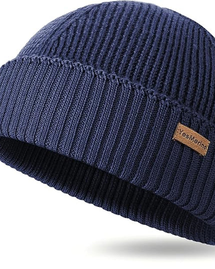 100% Merino Wool Fisherman Beanie for Men Women, Short Knit Cuff Trawler Winter Hat, Warm Soft Outdoor Gift