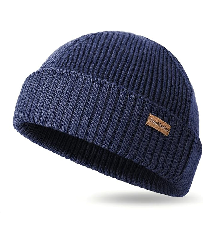 100% Merino Wool Fisherman Beanie for Men Women, Short Knit Cuff Trawler Winter Hat, Warm Soft Outdoor Gift