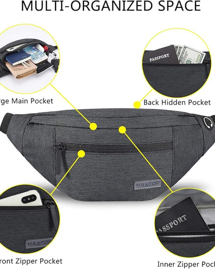 MAXTOP Large Crossbody Fanny Pack with 4-Zipper Pockets,Gifts for Enjoy Sports Festival Workout Traveling Running Casual Hands-Free Wallets Waist Pack Phone Bag Carrying All Phones