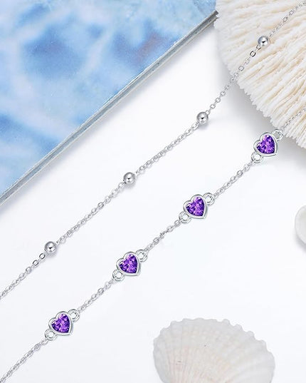 Dorunmo 925 Sterling Silver Heart Birthstone Anklet Bracelets for Women Best Mother's Day Birthday Jewelry for Wife Girlfriend Mom Daughter Her