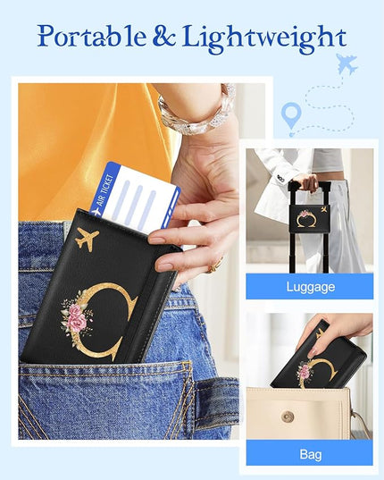 Slohif Initial Passport Holder Cover Wallet Case for Travel Women - Leather Letter Passport Book Family Multiple Personalized Organizer Card Slots Protector Sleeve Essentials Slim Carrier Black C