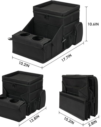 Car Seat Organizer, Backseat Car Organizer with Cup Holder Tray and Storages for Kids and Adults, Portable Travel Cooler for Car for Front or Back Seat Passenger Organizer Ccompartment (Black)