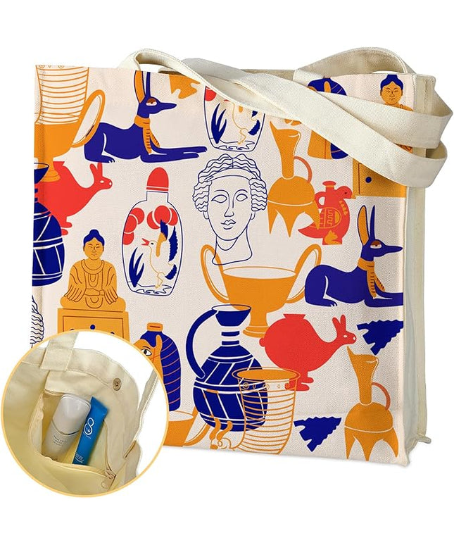 AUSVKAI Canvas Tote Bag Aesthetic for Women, Cute Reusable Bags with Pockets & Snaps for Beach Shopping College Gym Grocery