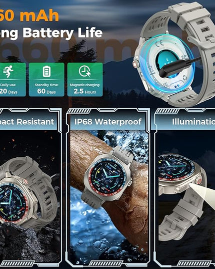 Smart Watch (Answer/Make Call), 1.43" AMOLED-3D Military Smartwatch for Men Women, Flashlight/130+ Sports/60 Days, Heart Rate/Sleep Monitor, IP68 Waterproof Fitness Activity Tracker for Android iOS