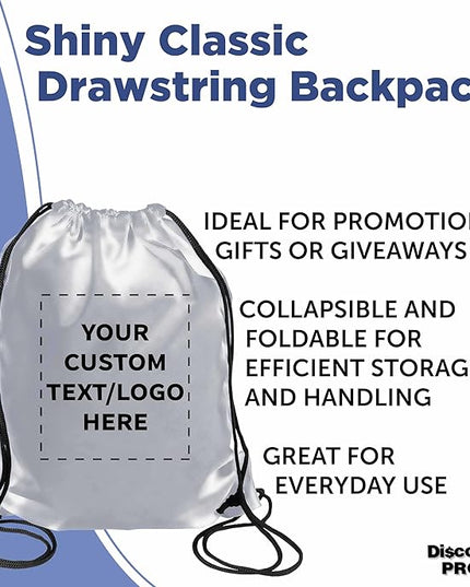 DISCOUNT PROMOS Custom Classic Polyester Drawstring Bagpack Set of 10/50/100, Personalized Bulk Pack - Great for Travelling, Gym and for Everyday Use - Silver