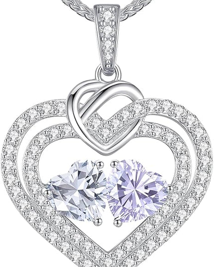 LOUISA SECRET Sparkling Double Heart Birthstone Necklaces for Women, 925 Sterling Silver Fine Jewelry, Pendant Heart Necklaces Birthday Anniversary Christmas Gift for Women Wife Mom Girlfriend Lady