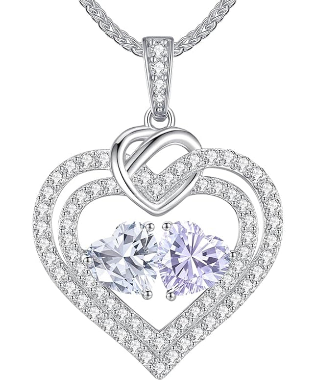 LOUISA SECRET Sparkling Double Heart Birthstone Necklaces for Women, 925 Sterling Silver Fine Jewelry, Pendant Heart Necklaces Birthday Anniversary Christmas Gift for Women Wife Mom Girlfriend Lady