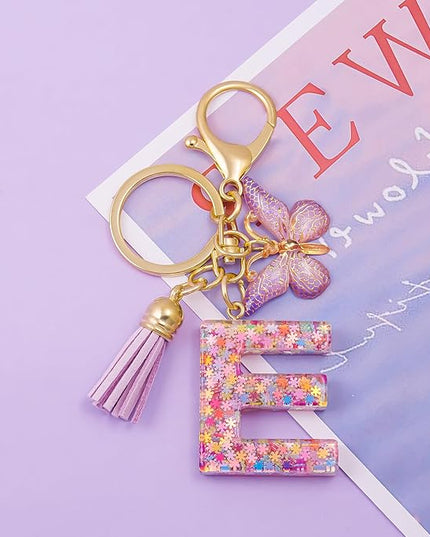 Fashion Alphabet Initial Letter Keychain Tassel Butterfly Pendant Key Ring for Purse Handbags Women Girl