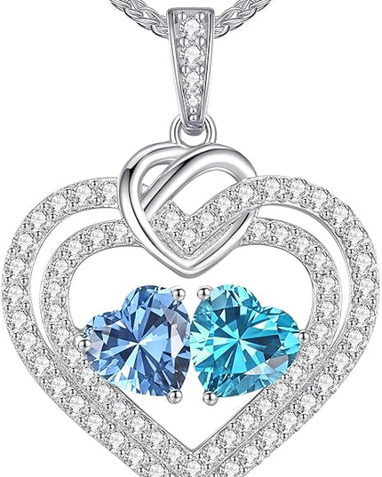 LOUISA SECRET Sparkling Double Heart Birthstone Necklaces for Women, 925 Sterling Silver Fine Jewelry, Pendant Heart Necklaces Birthday Anniversary Christmas Gift for Women Wife Mom Girlfriend Lady