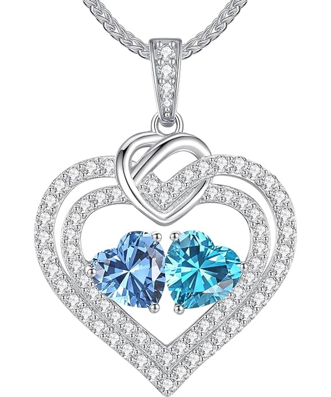 LOUISA SECRET Sparkling Double Heart Birthstone Necklaces for Women, 925 Sterling Silver Fine Jewelry, Pendant Heart Necklaces Birthday Anniversary Christmas Gift for Women Wife Mom Girlfriend Lady