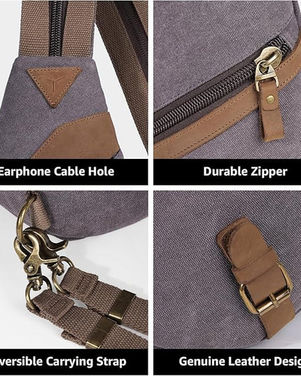 KL928 Canvas Sling Bag for Men Women, Genuine Leather Design Shoulder Crossbody Bags Backpacks Travel Daypack with Earphone Hole Rucksack, Dark Grey