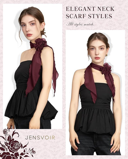 Chiffon Scarf for Women, Removable Flower Neck Scarf Light Soft Fashion Rose Scarves Versatile Headband or Hair Band