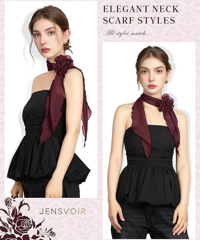 Chiffon Scarf for Women, Removable Flower Neck Scarf Light Soft Fashion Rose Scarves Versatile Headband or Hair Band