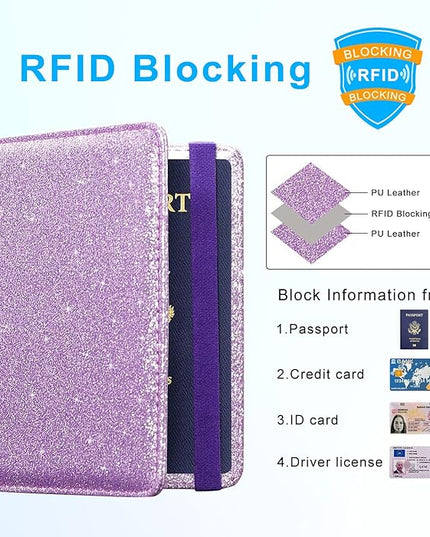 ACdream Passport Holder Cover, Leather Travel Wallet Case, RFID Blocking Document Organizer Protecrtor, with Slots for Credit Cards, Boarding Pass, for Women and Men, Glitter Purple