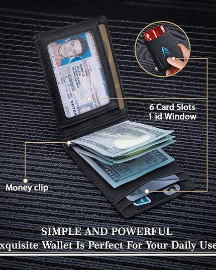RUNBOX Slim Wallet for Men Genuine Leather RFID Blocking Bifold Minimalist Front Pocket Mens Wallet with Money Clip Thin Gift Box