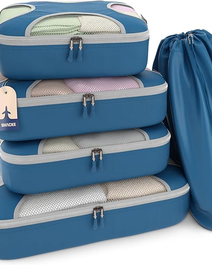 Shacke Premium 5 Packing Cubes Set - Lightweight Mesh Travel Luggage Organizers with Laundry Bag, 5-Piece Suitcase Storage System (Navy)