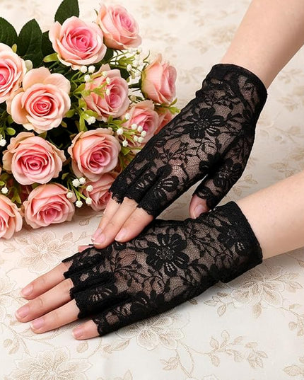 Women Short Lace Gloves, Sunblock Fingerless Bridal Wrist Glove, Short Black Lace Gloves Fingerless for Wedding, Tea Party, Cosplay, Costume, Opera Evening Prom