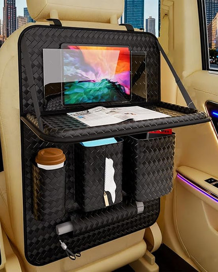 Car Back Seat Organizer, Black Woven Leather Storage Bag, Multifunctional Rear Seat Protector with Tablet Holder, 25.2x17.7 Inches, Abrasion Resistant (black)