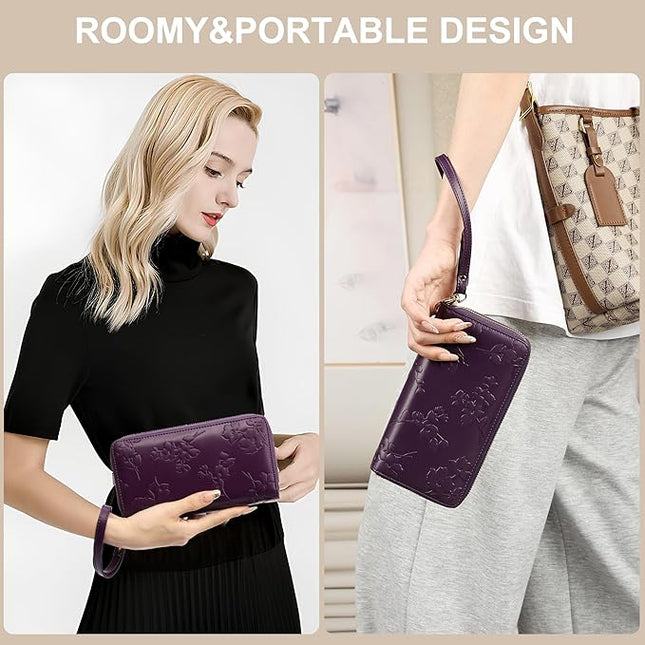 yiijay Womens Wallet RFID Blocking Large Capacity Leather Double Zip Wristlet Wallet Credit Card Phone Holder Ladies Clutch
