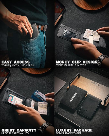 RUNBOX Slim Money Clip Wallets for Men RFID Blocking 11 Card Holder Minimalist Small Leather Bifold Men's Front Pocket Wallet Gift Box